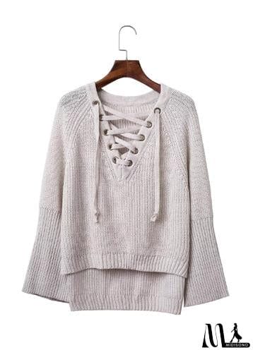 MidiSono - V Neck Solid Color Long Sleeve Knit Sweater