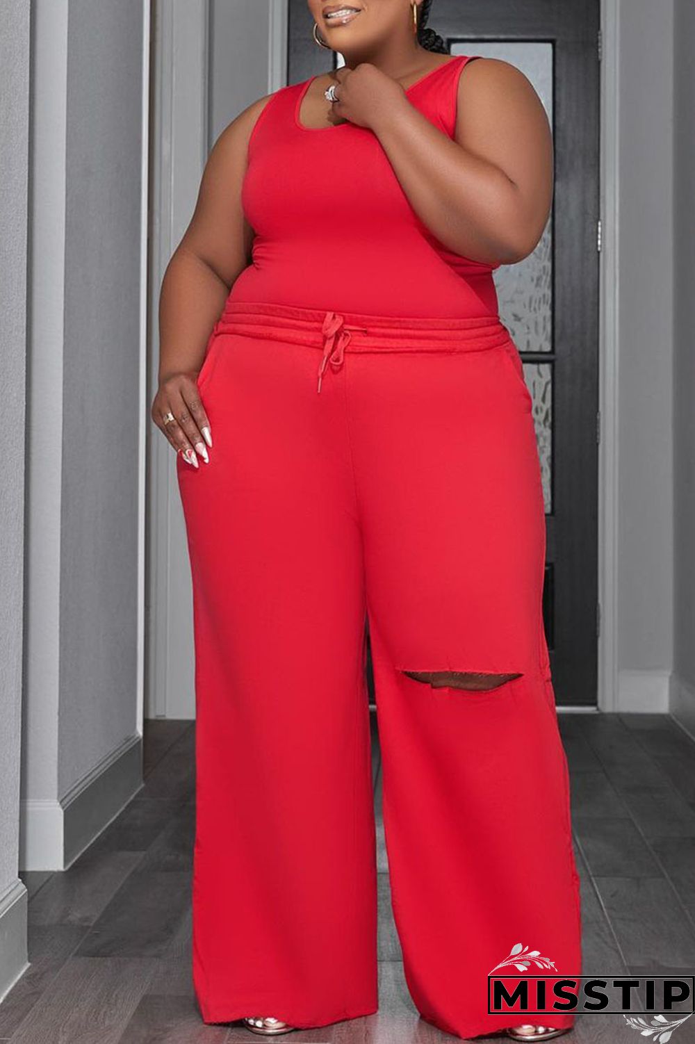 Deep Blue Casual Solid Hollowed Out Patchwork U Neck Plus Size Two Pieces