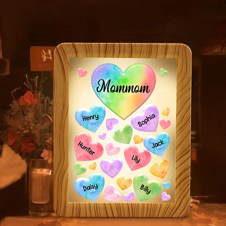 Personalized Night Light Mirror Frame Custom 1 Text & 7 Names Colorful Hearts Family LED Lamp Gift for Grandma/Mother