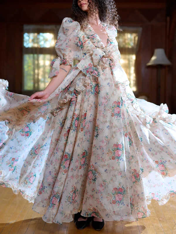 V-Neck Short Sleeve Printed Chiffon Vacation Maxi Dress