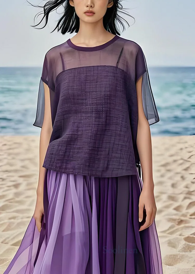 Pre sale - shipping in 30 days/Simple Purple O Neck Plus Size Cotton Top Summer