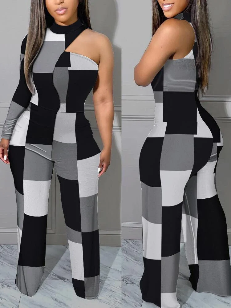 Fashion Print Women Slim O-neck One-pieces Jumpsuits 2023 Autumn Off Shoulder Long Sleeve Contrast Splic Wide Leg Jumpsuit New