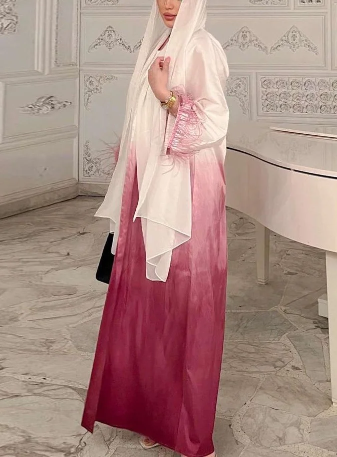 Women's Gradient with Feather Lace Abaya Two-piece Set