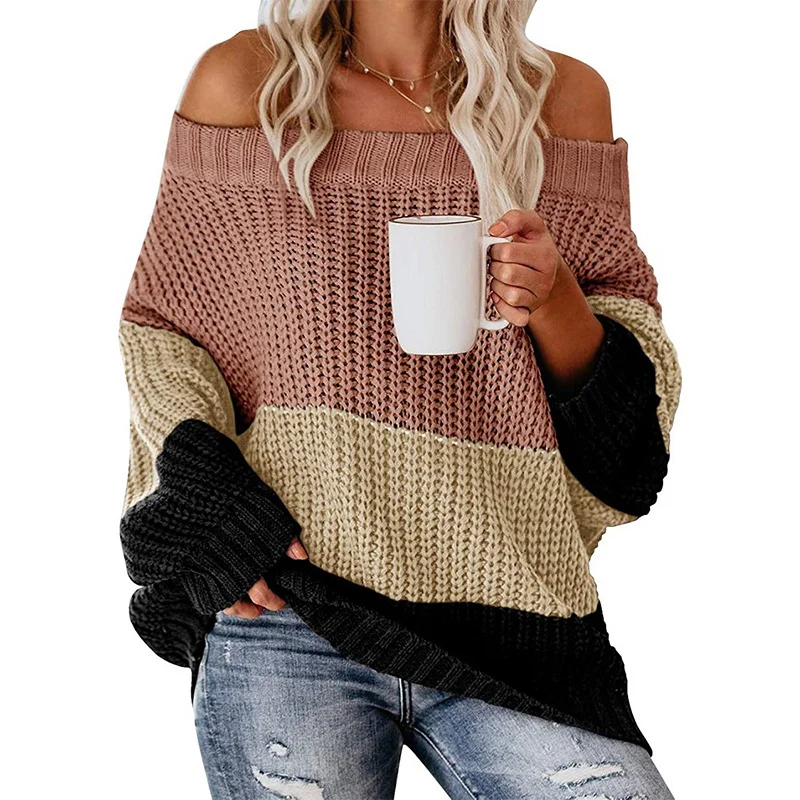 Wongn Wongn And Winter Women's One Word Collar Loose Splicing Color Knit Jumper Sweater Women