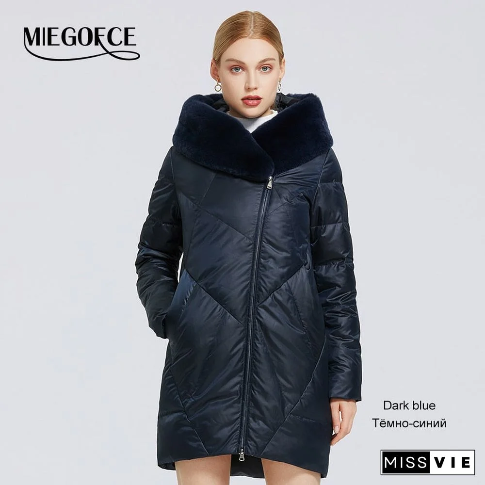 MIEGOFCE Winter New Women's Cotton Coat With Stylish Fur Collar Rex Rabbit Long Jacket Winter Women Parkas Windproof Jacket