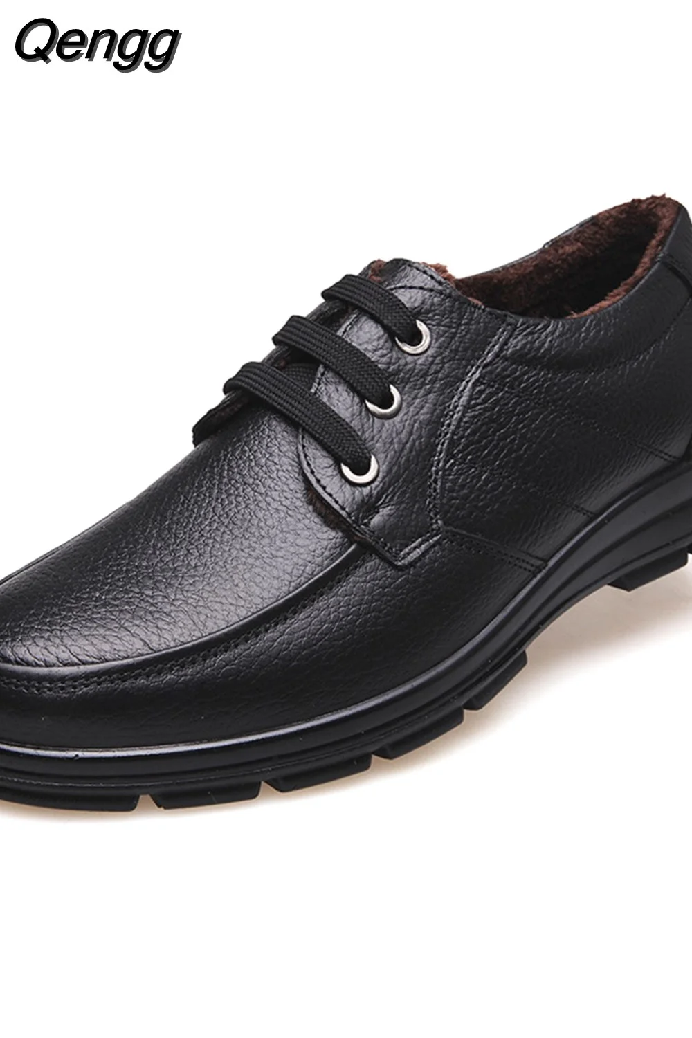 Qengg Leather Shoes Men Winter Shoes Brand Loafers Warm Plush Leather Loafers Mens Casual Shoes Male High Quality Black A444