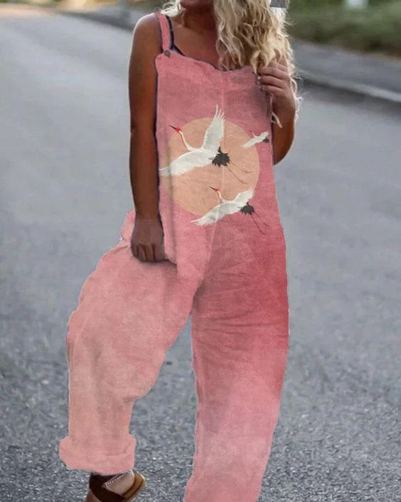 Sling Pink Flying Cranes Sun Art Print Cotton Jumpsuit