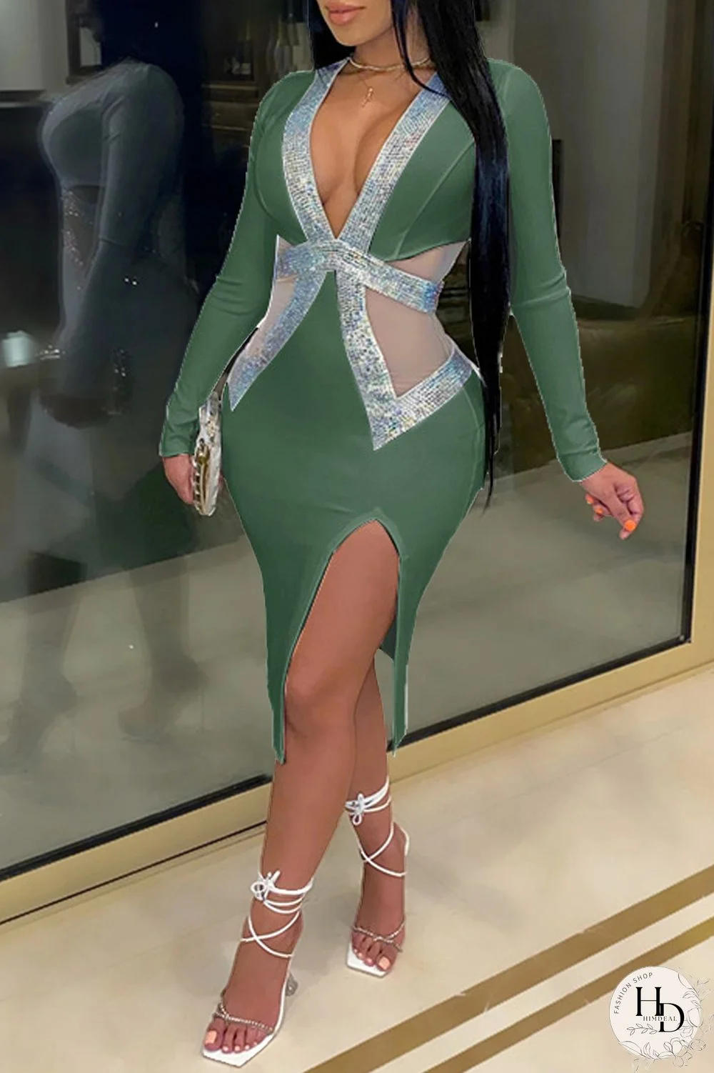 Black Fashion Sexy Patchwork Slit Hot Drill V Neck Long Sleeve Dresses