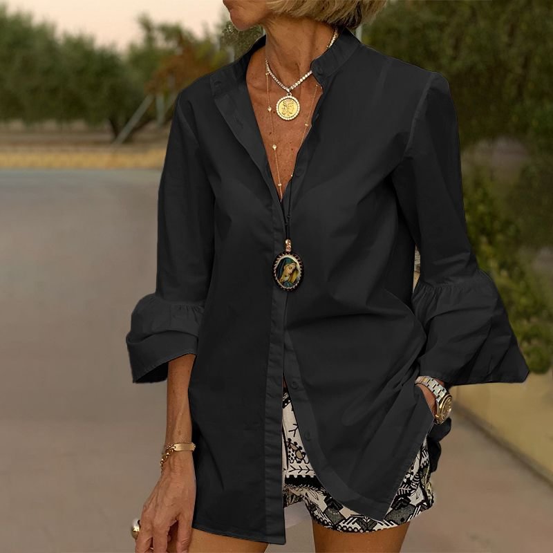 White Shirts Summer Women Solid Flare Sleeve Shirts Spring Blouse 2022 VONDA Sexy V Neck Button Up Office Shirt Femininas Blusas