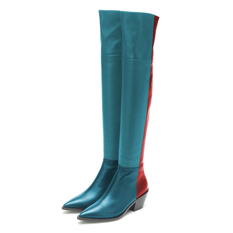 Tri-Color Pointy Toe Zipper Over The Knee Boots with Chunky Heels |FSJ Shoes