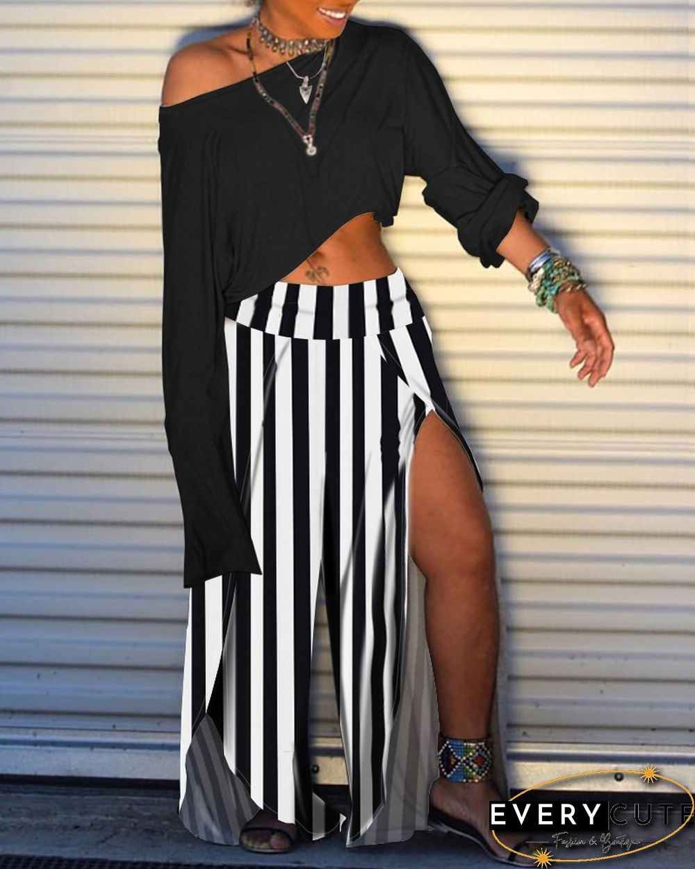 Patchwork Stripe Long Sleeve Blouse & Slit Pant Sets