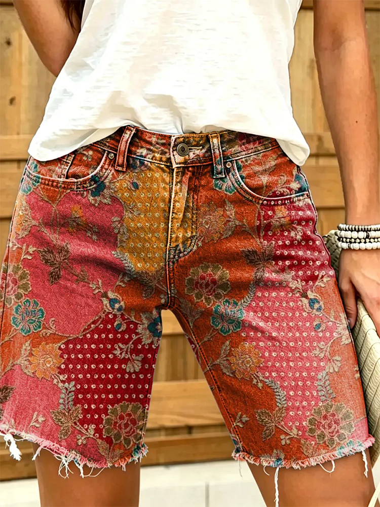 Women's Retro Ethnic Floral Art Print Casual Washed Cotton Denim Shorts