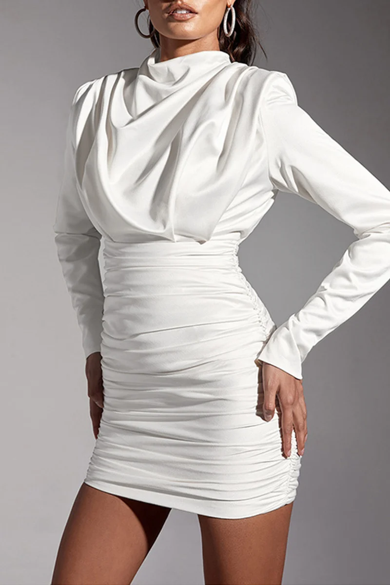 White Sexy Solid Patchwork Fold Half A Turtleneck Long Sleeve Dresses | EGEMISS