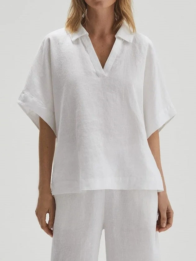 Cotton-Linen  V-Neck Solid Color T-Shirt
