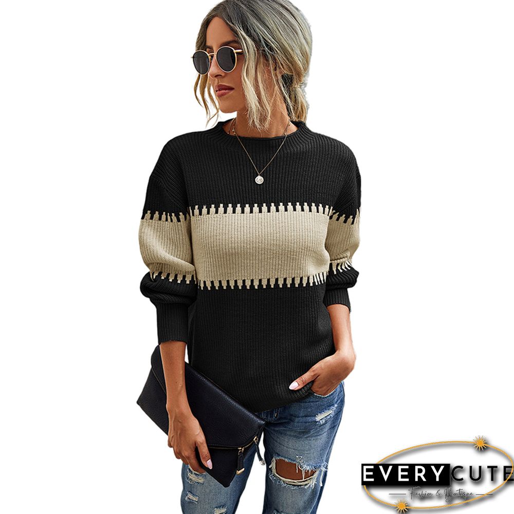 Black Color Block High Neck Woolen Sweater