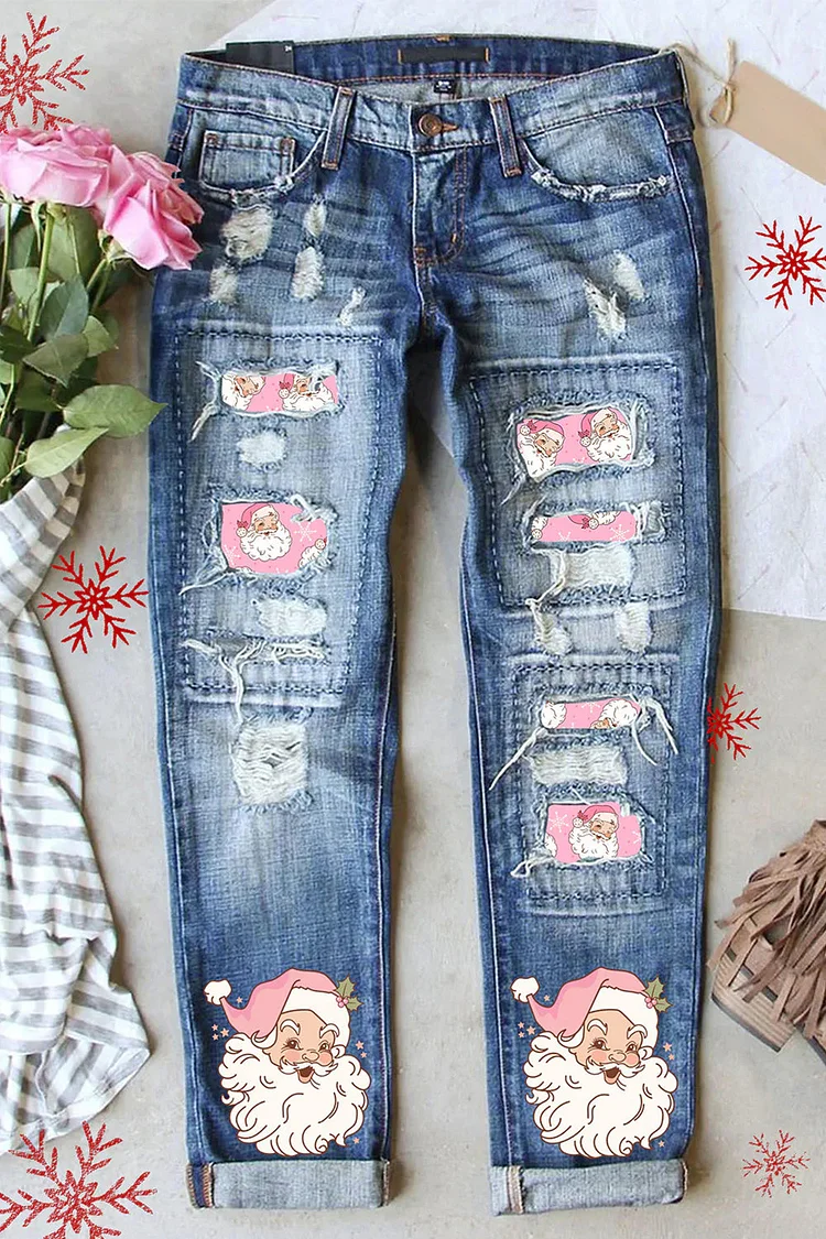 Pink Christmas Santa Print Denim Jeans