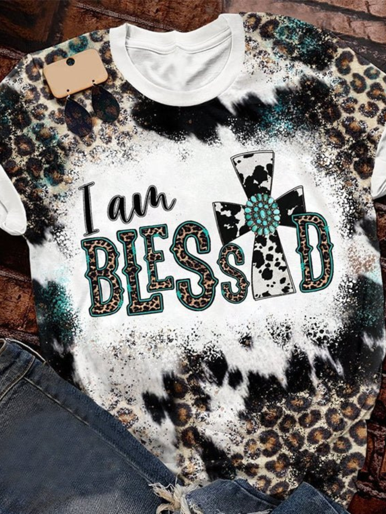  Western I Am Blessed Cow Cross Print T Shirt Westsshops