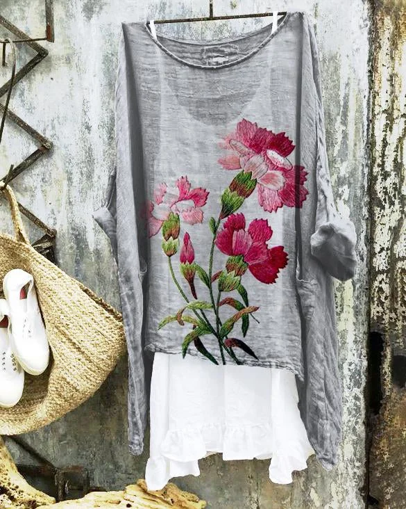 Elegant Mother's Day Carnation Flowers Linen Blend Flowy Tunic