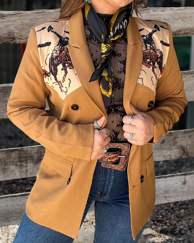 Patchwork Detail Double Breasted Long Sleeve Lapel Blazer