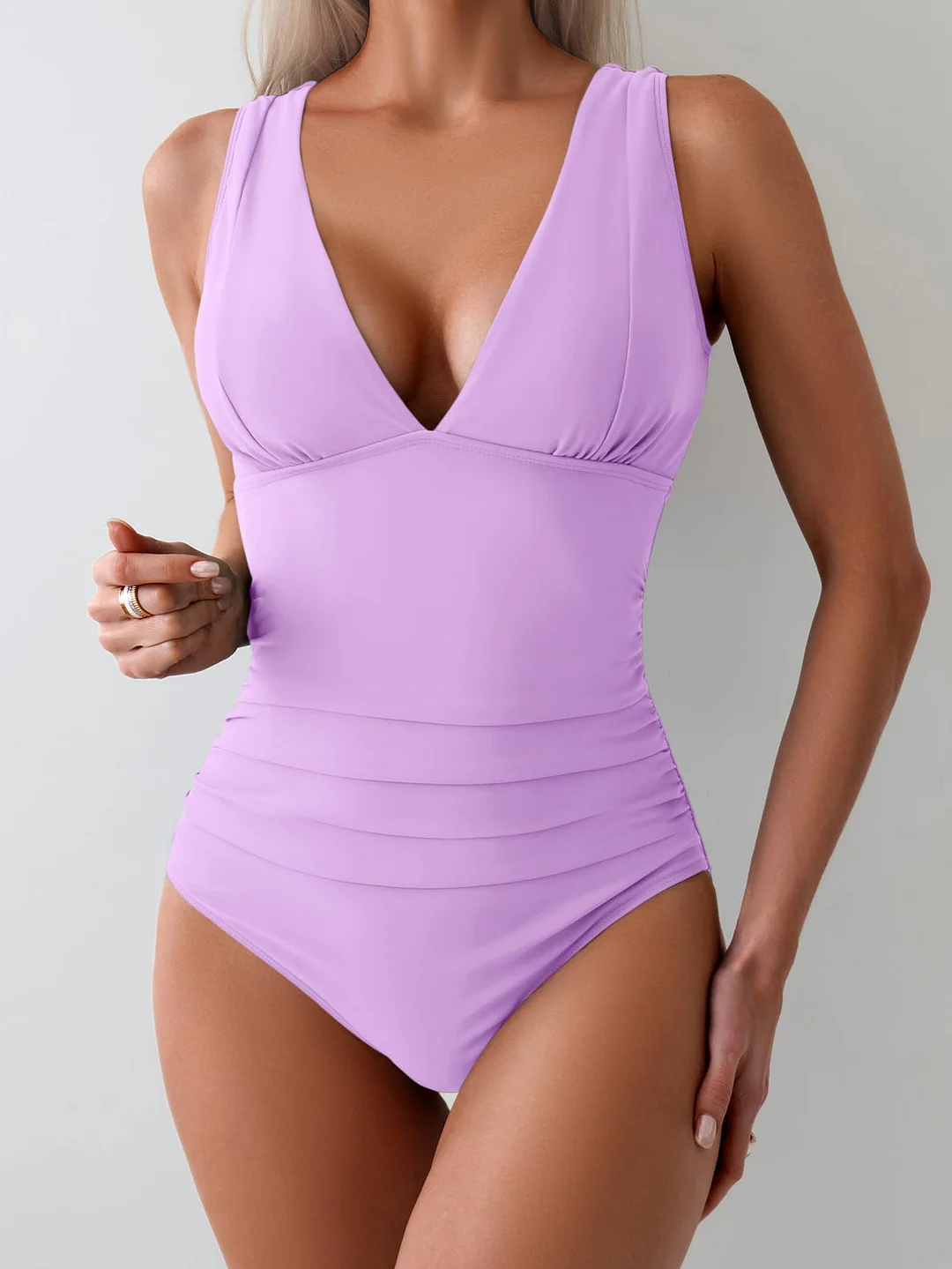 Tummy Control Wide Straps Plunge V Neck One Piece Swimsuit