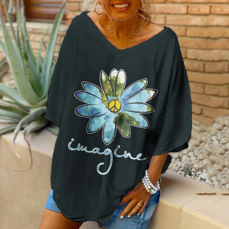 Oversized Imagine Flowers Pattern Printed Women Hippie T-shirt