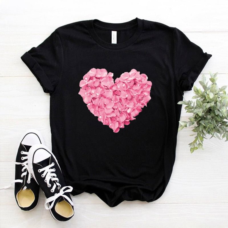 Women's T-shirt 2021 Summer Large Size 3XL Pink Floral Heart Print Female Tshirts Loose Casual Basic Ladies All-match Tee Tops