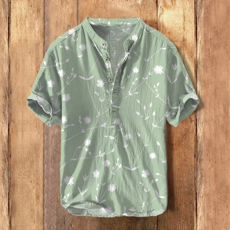 Men's floral vintage pattern cotton linen shirt