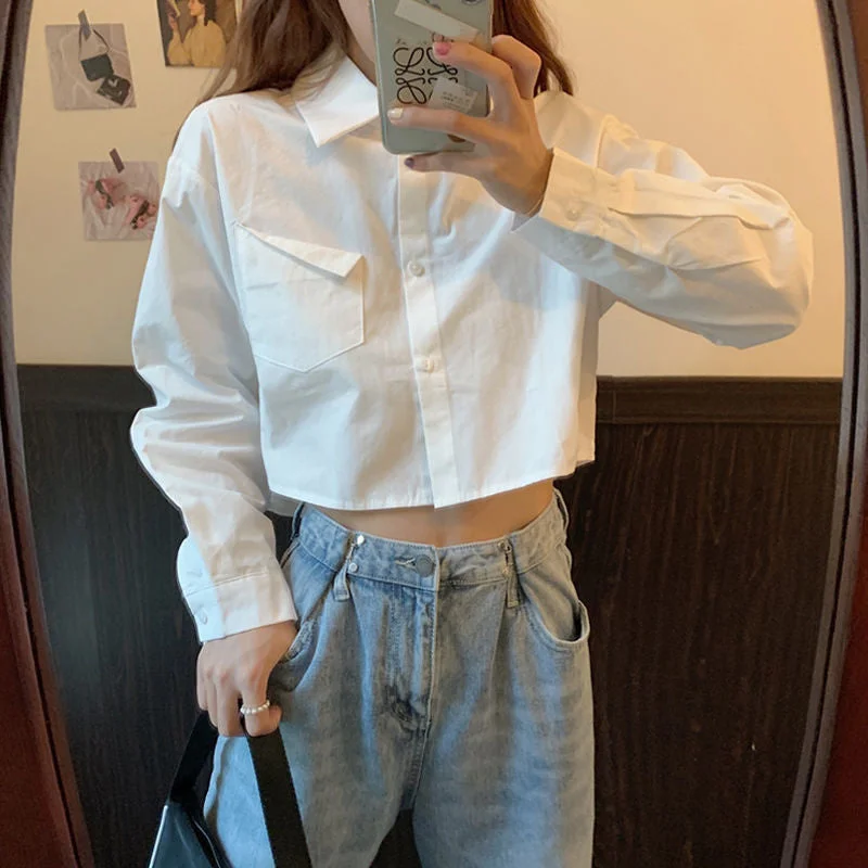 Shirts Women Cropped Tops Slim White Clothing Long Sleeve College Pockets Daily BF Casual Solid Simple Design Stylish All-match