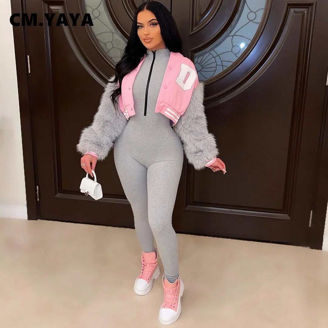 CM.YAYA Women Faux Cony Hair Long Sleeve Patchwork Letter Baseball Jacket for Sports Streetwear Winter Spring Outcoats
