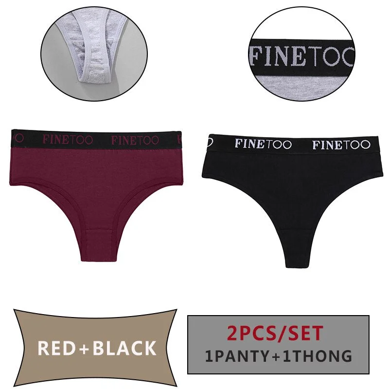 FINETOO 2PCS/Set Women Cotton Panties Sexy Letter Underwear Panty Thong Low Waisted 1Panty+1G-string Brief Tanga Lingerie Femme