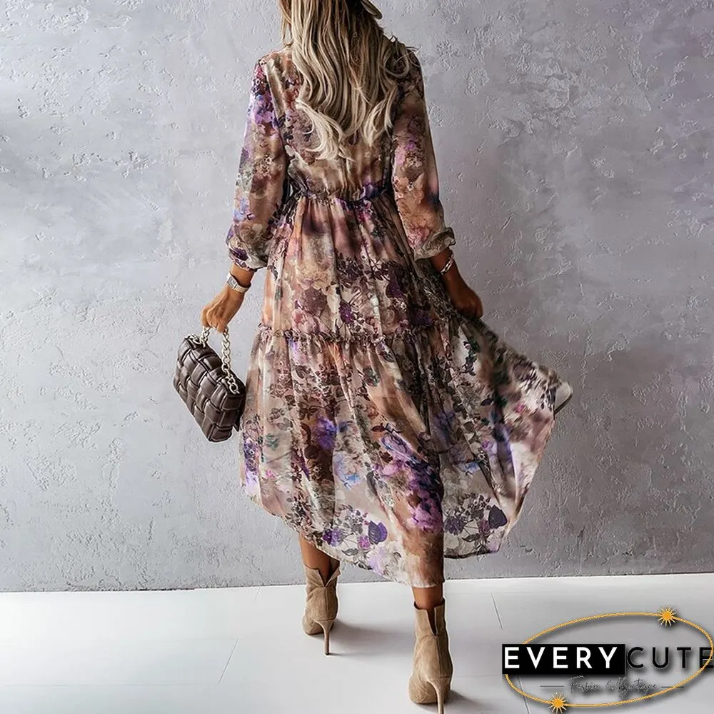 Floral Print V-Neck Long Shirt Dress A-Line Irregular Ruffle Length Sleeve Style Pattern