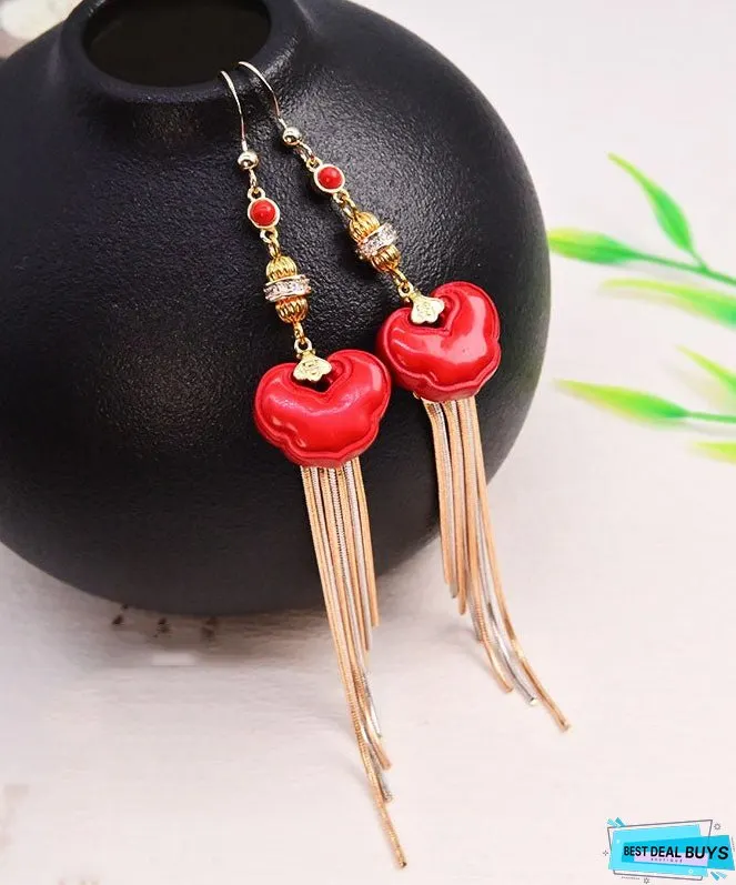 Vogue Red 14K Gold Cinnabar Ruyi Tassel Drop Earrings