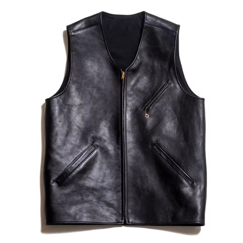 Vintage Leather Biker Zip-Up Crew Neck Sleeveless Vest