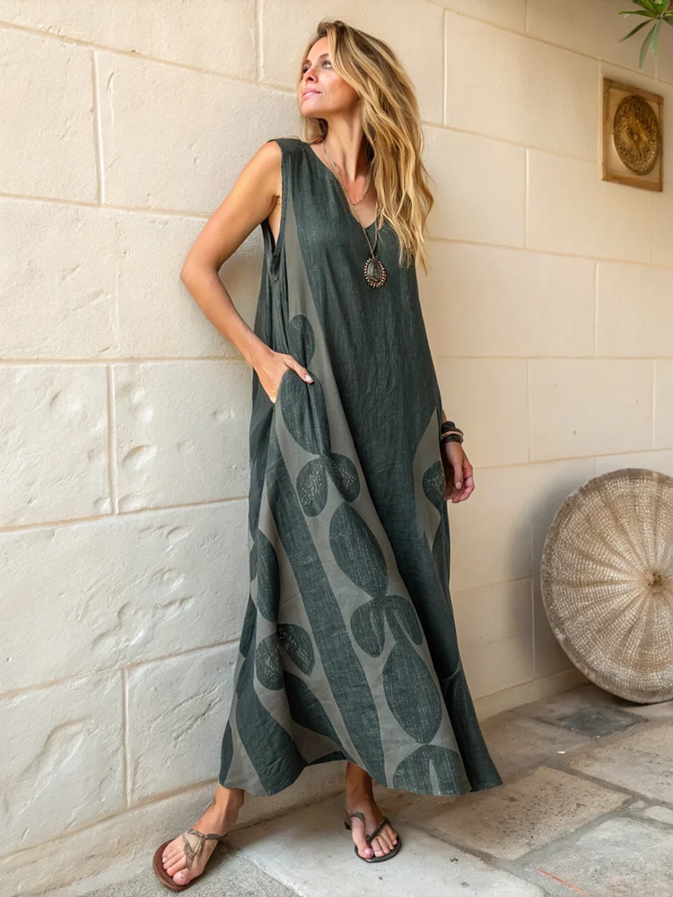 Linen Boho Sleeveless Printed Kaftan Maxi Dress