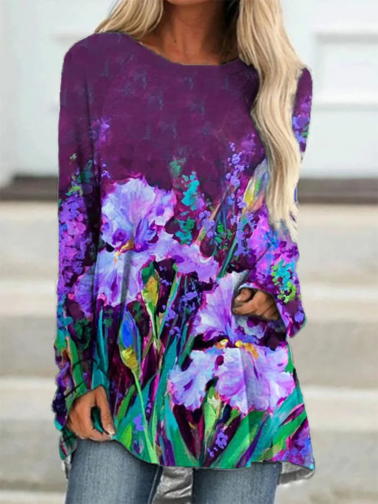 VChics Purple Iris Art Painting Long Sleeve T Shirt