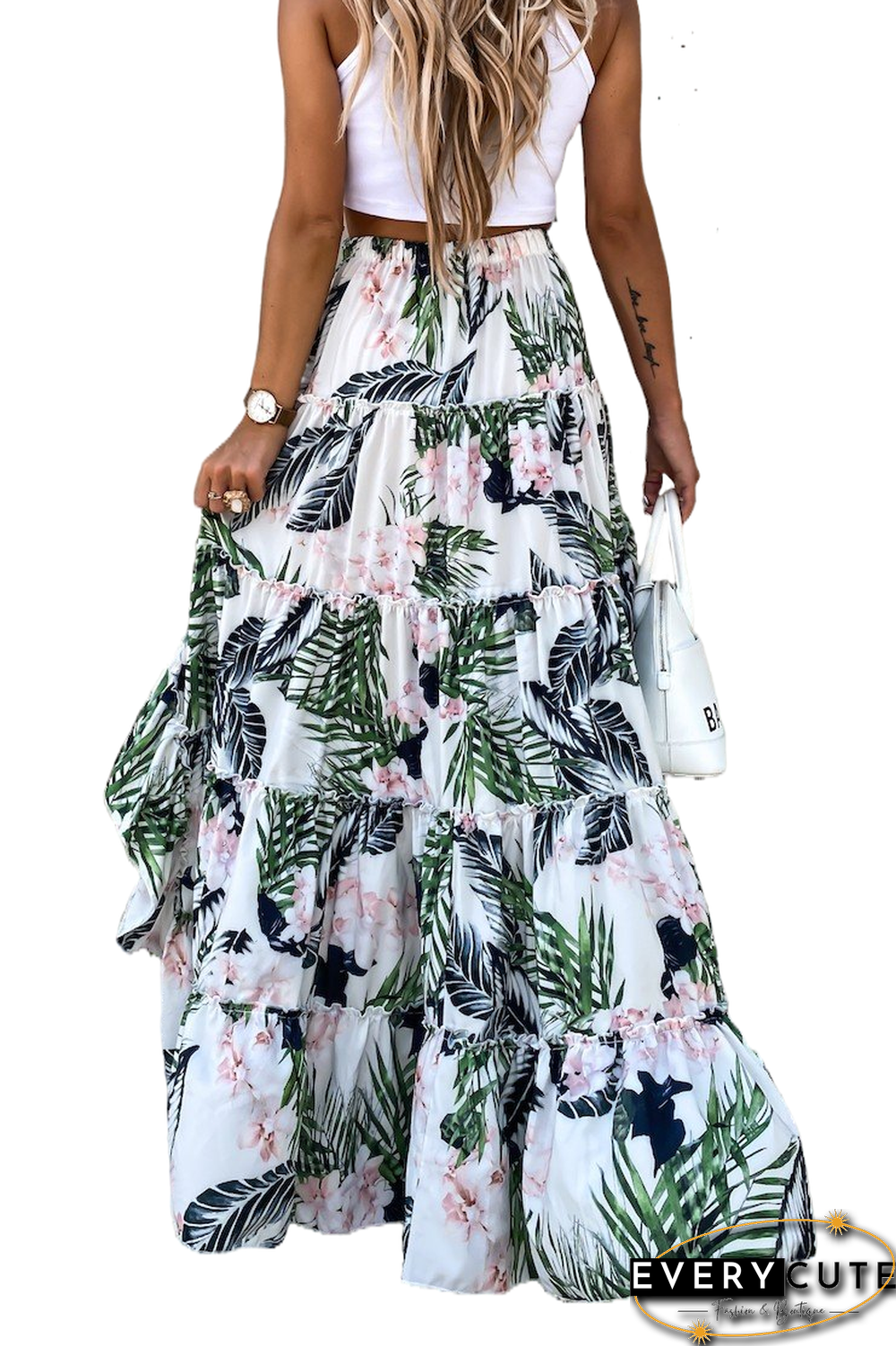 Green Tropical Floral Print Tiered Ruffle High Low Skirt