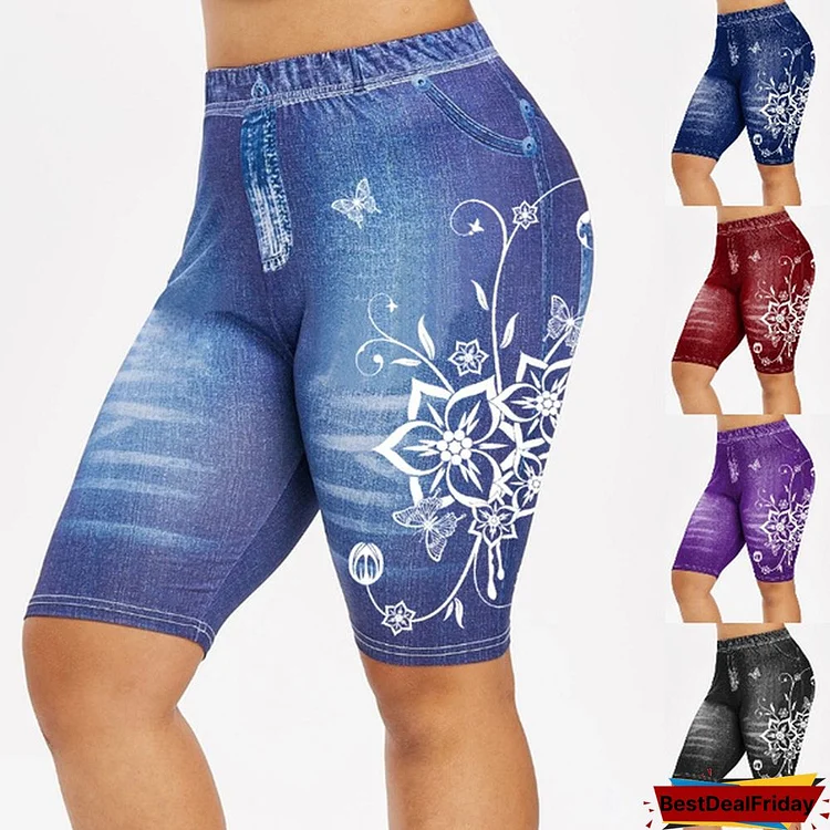 New Women's Fashion Plus Size 3D Floral Print Shorts Jeggings Denim Leggings Shorts