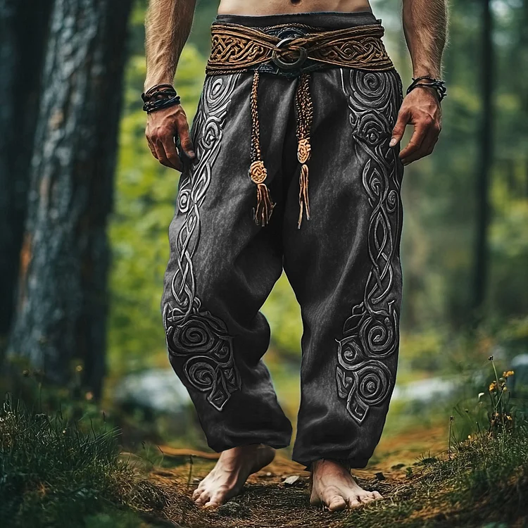 Simpfit Tribal Viking Celtic Embroidery Art Leinen Lange lockere Hose mit weitem Bein