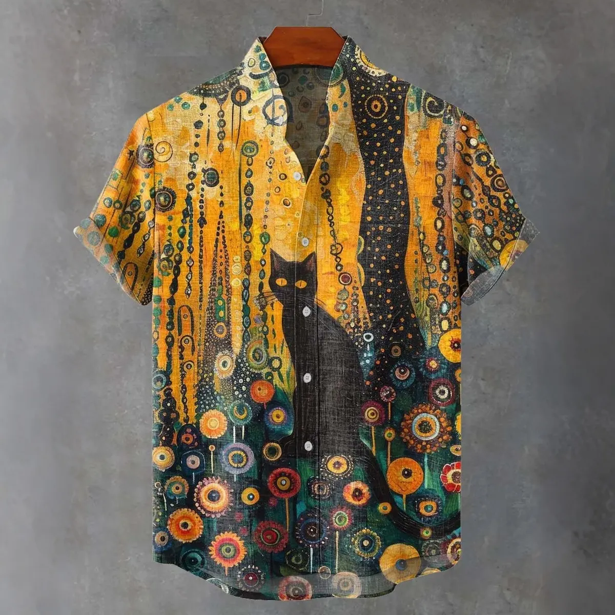 Men's Vintage Black Cat Forest Ethnic Strip Print Casual Shirt  artssus