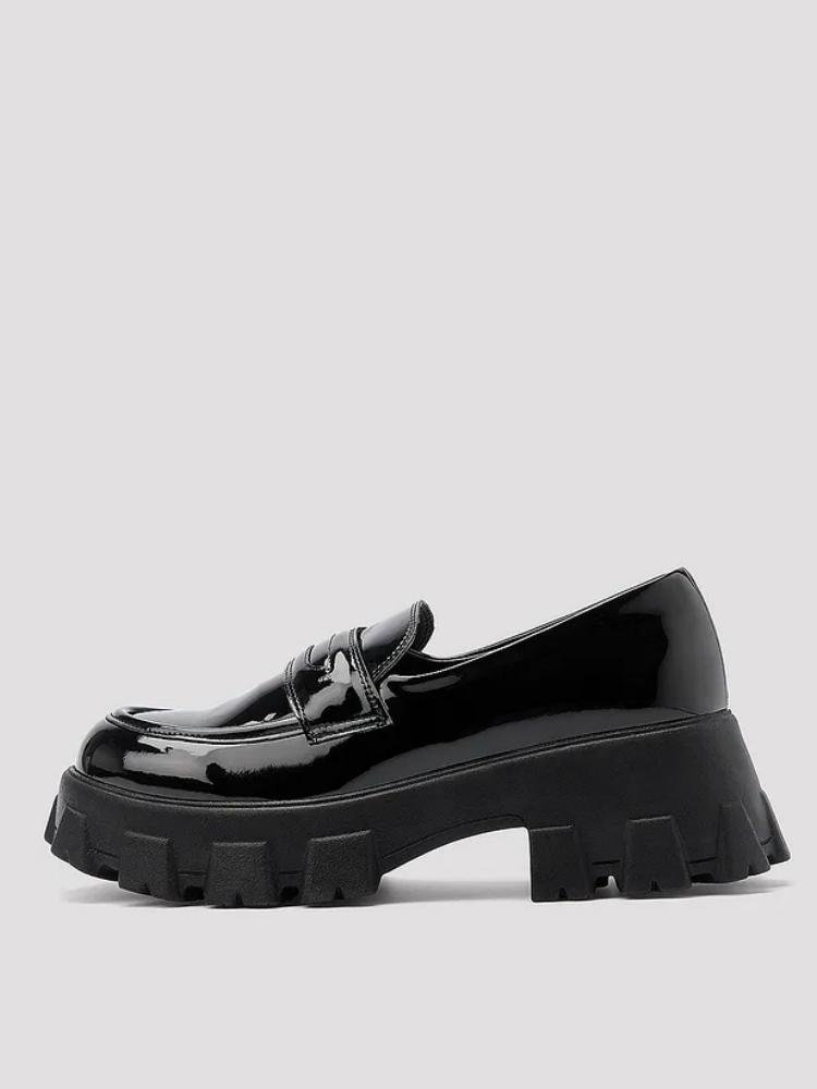 Glossy Finish Band Decor Thick Sole Platform Chunky Heel Loafers 