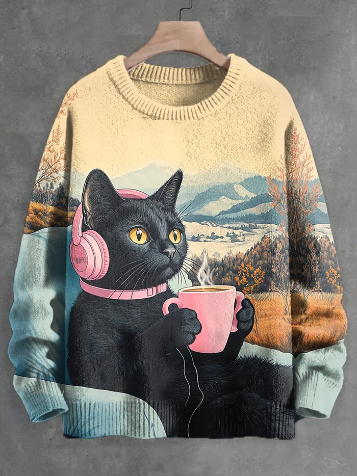Men's Black Cat Autumn Music Drinking Coffee Print Knit Sweatshirt