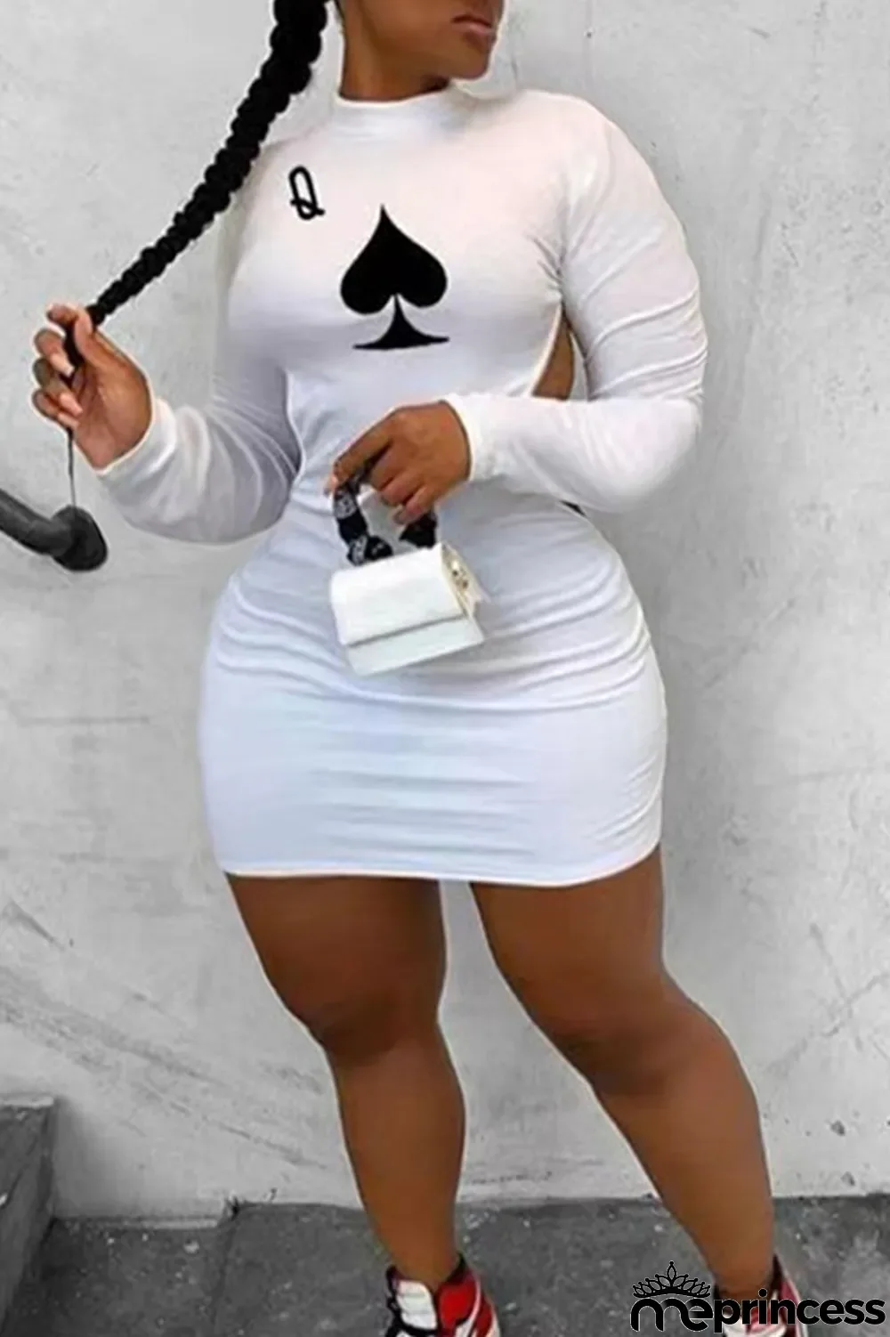 White Sexy Street Print Split Joint Backless O Neck Pencil Skirt Plus Size Dresses