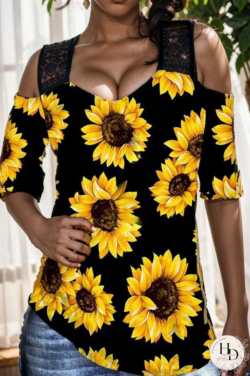 sunflower print off shoulder hollow wide shoulder strap t shirt