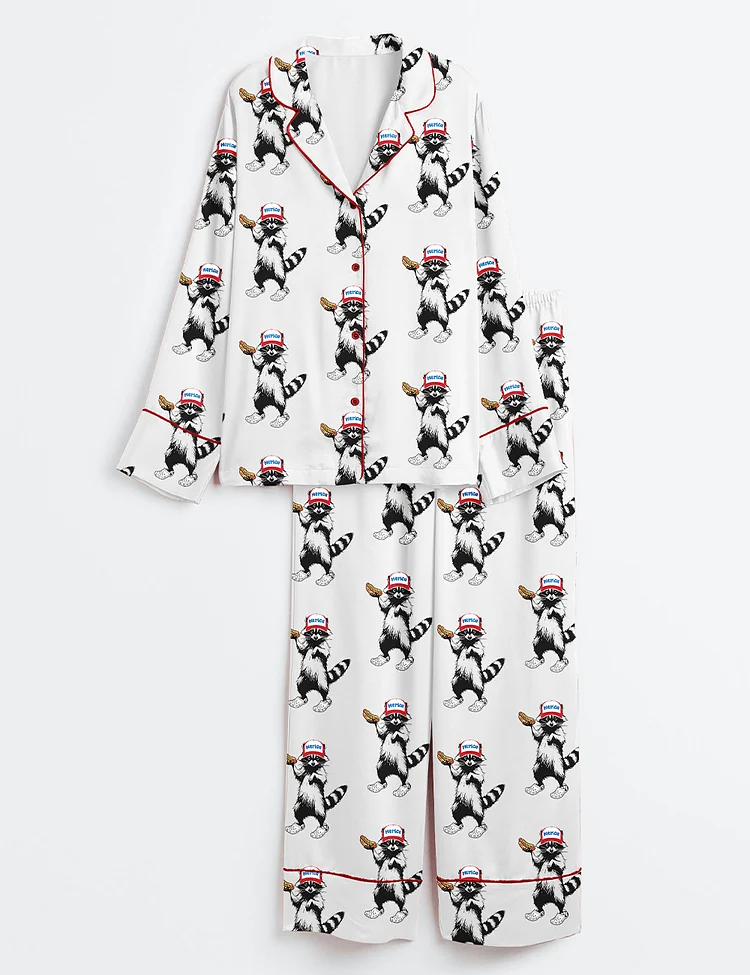 Women&rsquo;s Red White And Feral Funny Raccoon 4th Of July Long Sleeve Satin Pajama Set