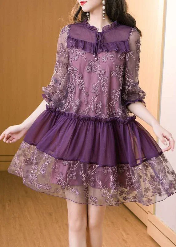 Casual Purple Embroidered Patchwork Chiffon Mini Dress Summer