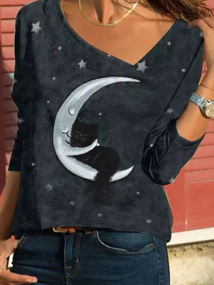 Cartoon Cat Stars Printed Long Sleeve Asymmetrical T shirt For Women P1761065