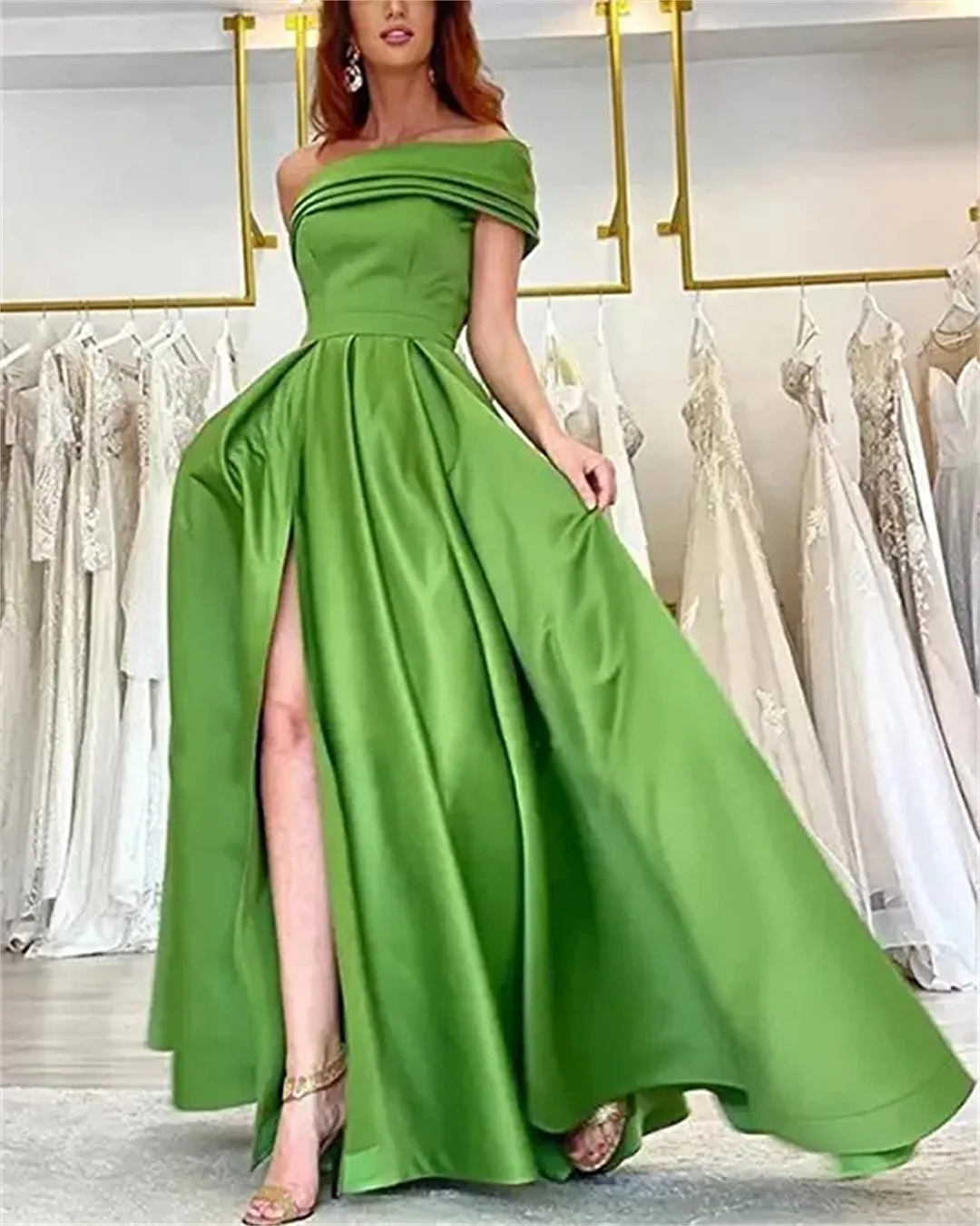 Women's Green Off-the-shoulder Slit Evening Dress