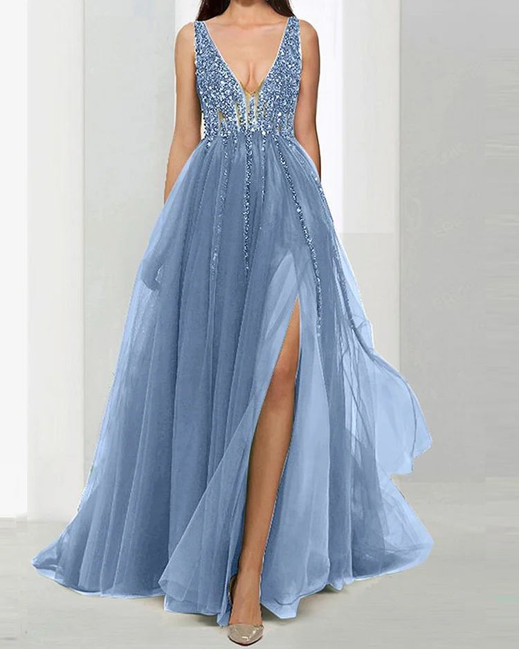 slit sequined Gown chiffon silk maxi dress - 01
