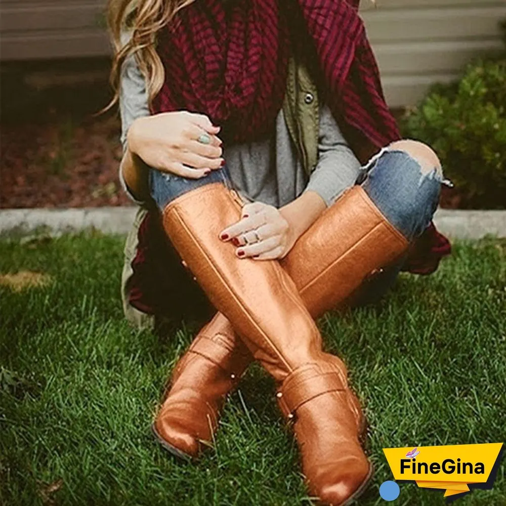 New Fashion Women Shoes Plus Size 34-43 Bottes Femmes Botas Mujer Kvinnoskor Cowgirls Military Combat Buckle Knee High Boots Genuine Leather Low Heel Women Knight Boots