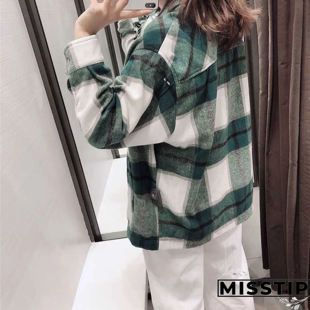 Classic Thick Colorblock Checked Button Down Shirt Jacket Woolen